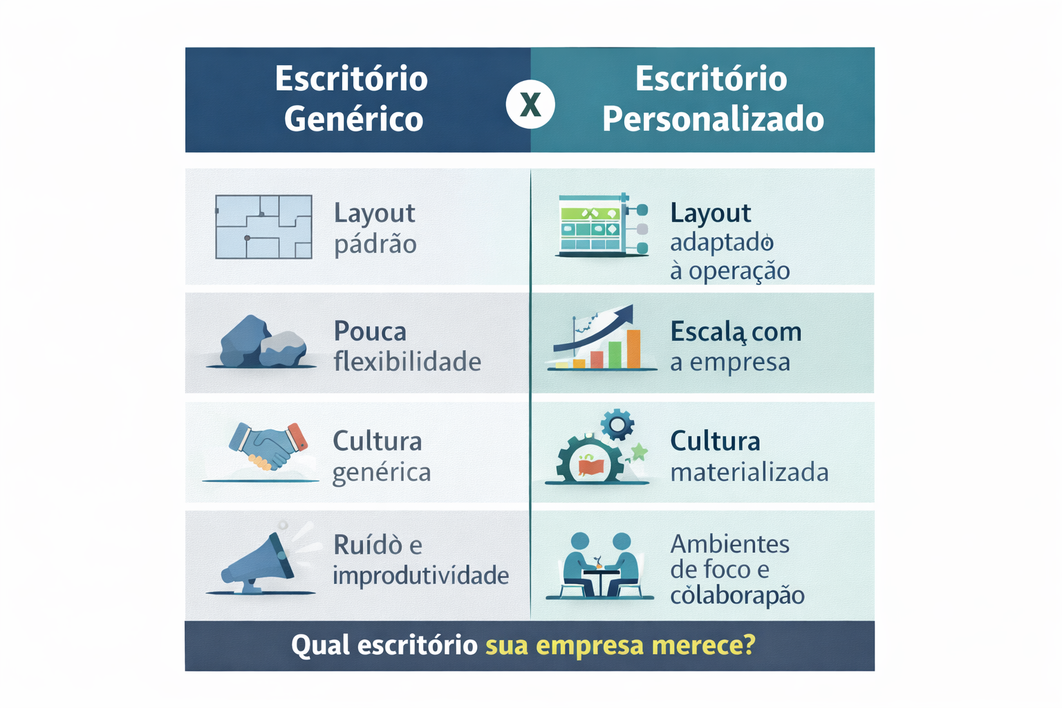 escritorio-corporativo-personalizado-vs-tradicional.png Infográfico sobre escritório corporativo personalizado versus escritório genérico, com foco em layout sob medida, flexibilidade e ambientes de alta performance.